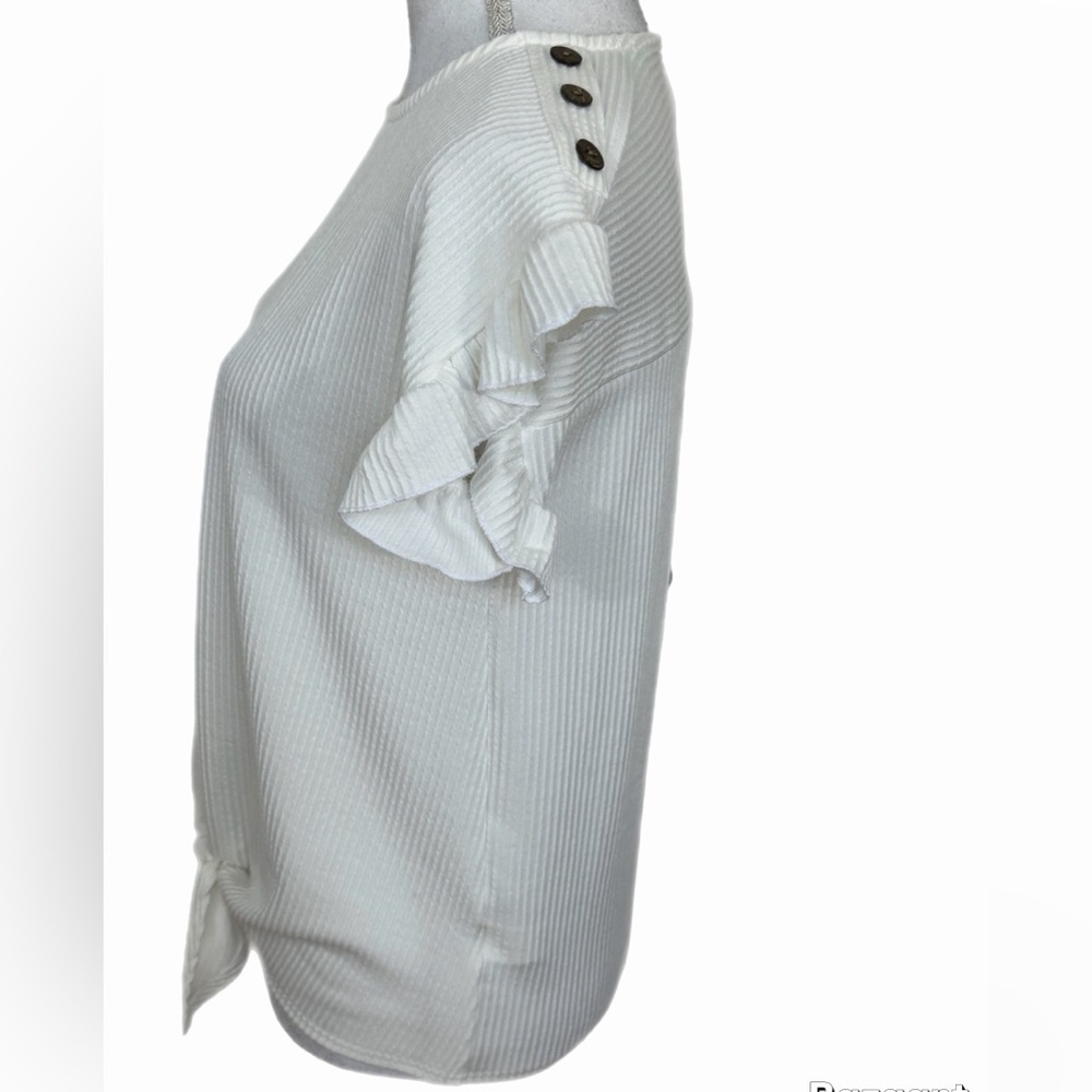Set The Stage White Ribbed Tie Front Ruffle Sleeve Top Size Small - Picture 3 of 6